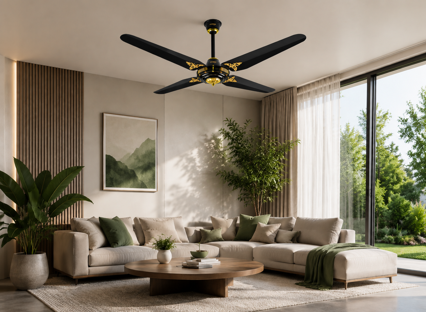 Modern living room with a black ceiling fan, neutral sectional sofa, wooden coffee table, indoor plants, and large windows showing a green garden outside.